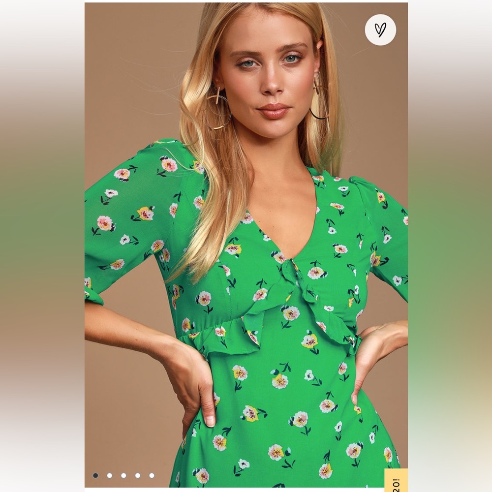 Lulu’s Field of Vision Green Floral Print Long Sleeve Mini Dress Feminine Medium - Picture 4 of 16
